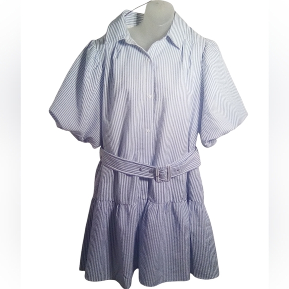 Aura Dresses & Skirts - Aura Women’s Crinkle Blue White Button Front Cottagecore Puff Dress Size Large